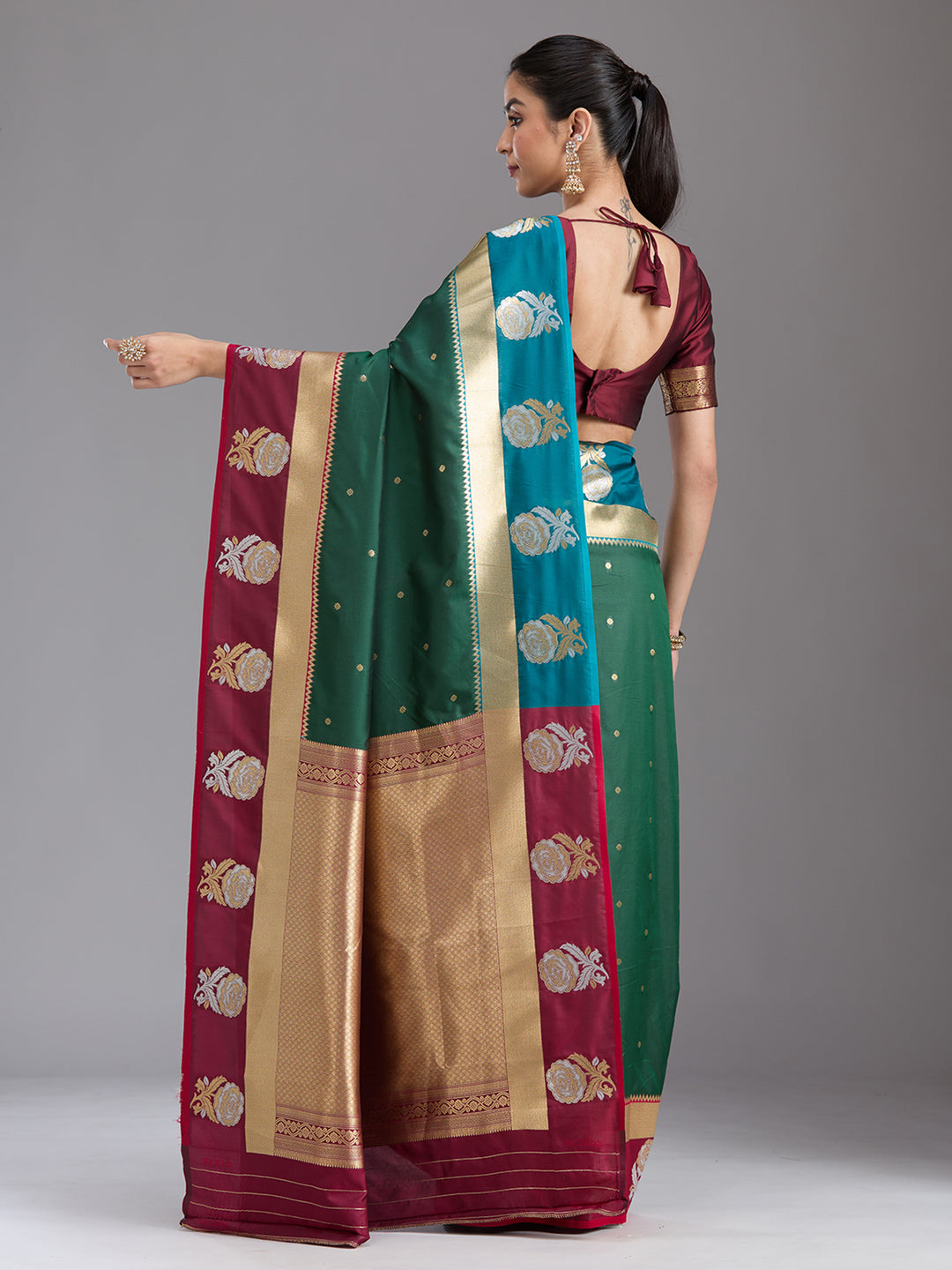 Bottle Green Silk Buti Zariwork Saree With Matching Blouse Piece