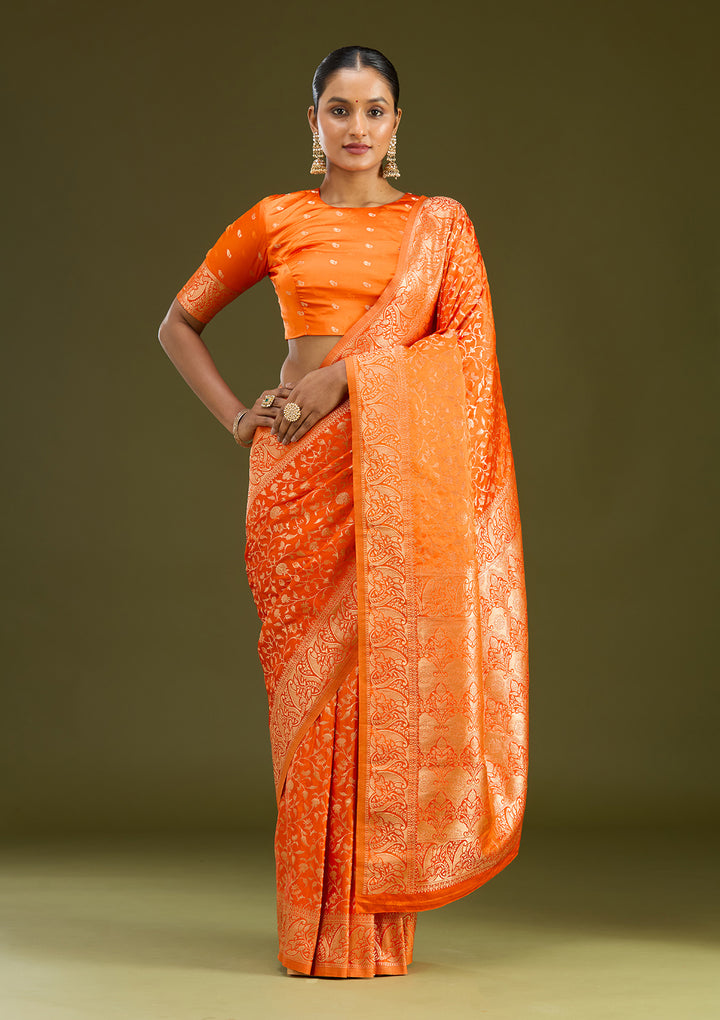 Orange Satin Jaal Gold Zariwork Saree With Matching Blouse Piece
