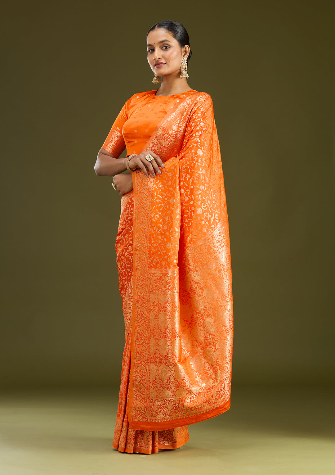 Orange Satin Jaal Gold Zariwork Saree With Matching Blouse Piece