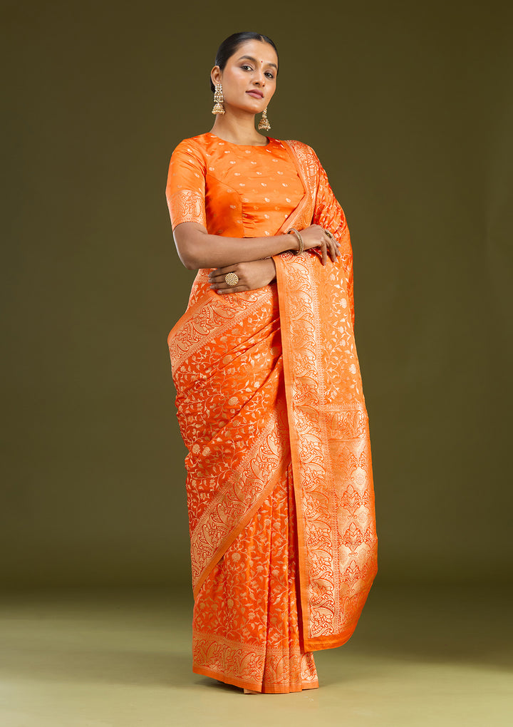 Orange Satin Jaal Gold Zariwork Saree With Matching Blouse Piece