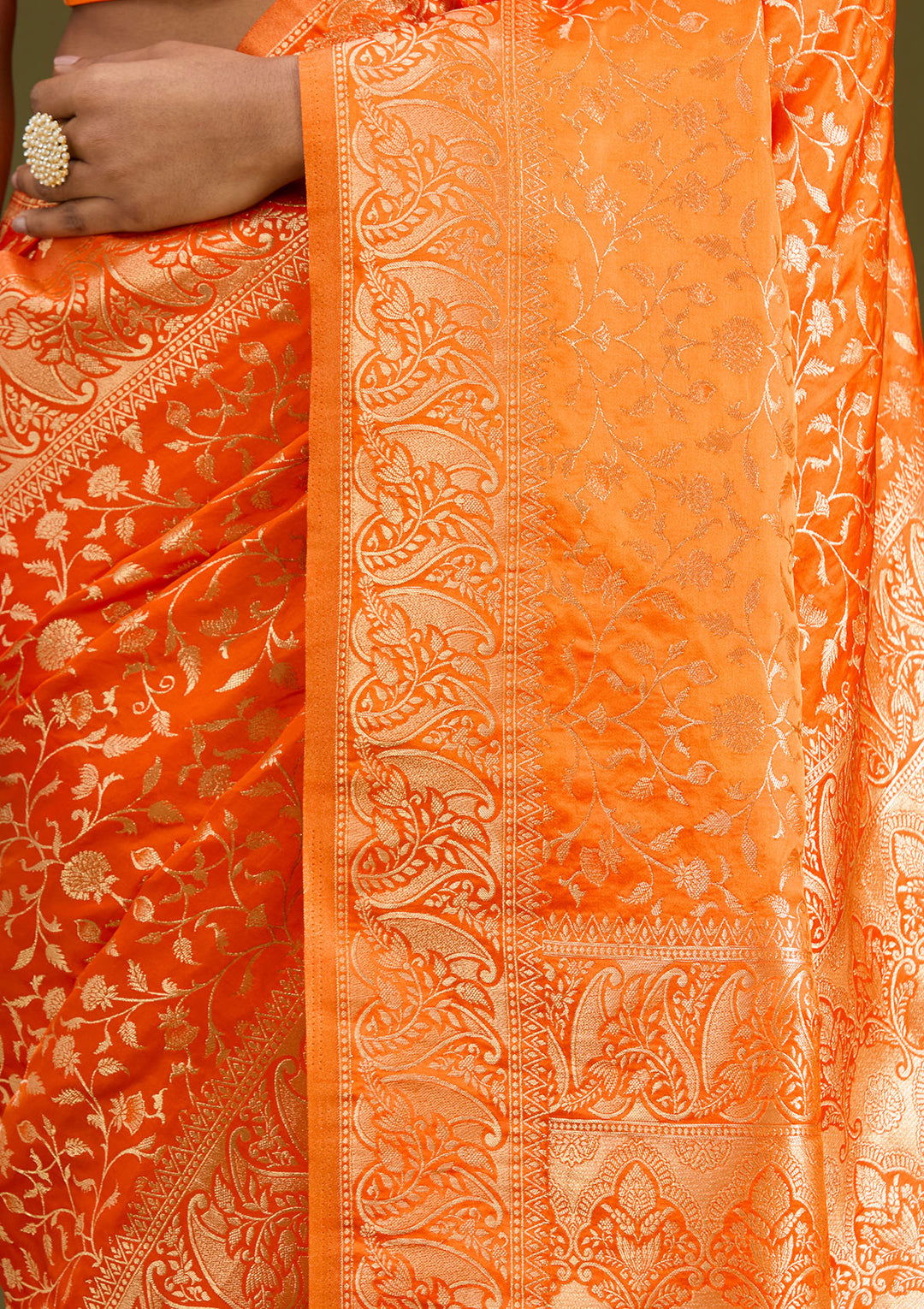 Orange Satin Jaal Gold Zariwork Saree With Matching Blouse Piece
