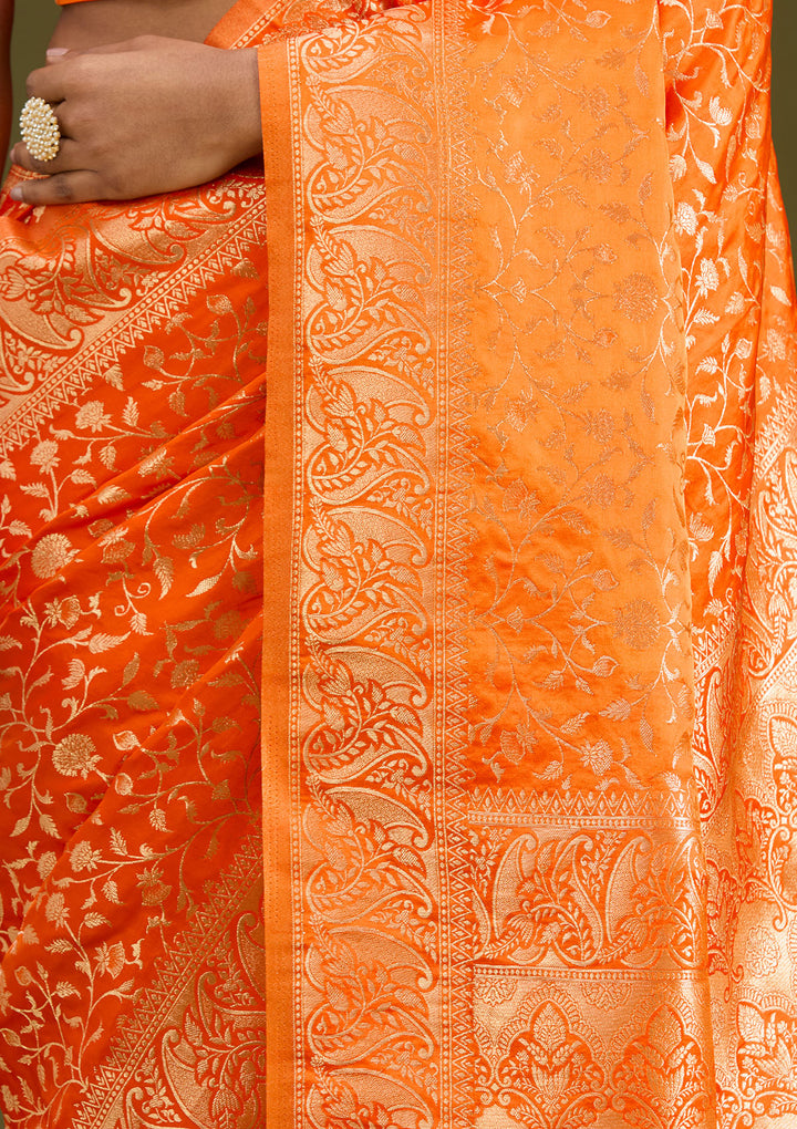 Orange Satin Jaal Gold Zariwork Saree With Matching Blouse Piece