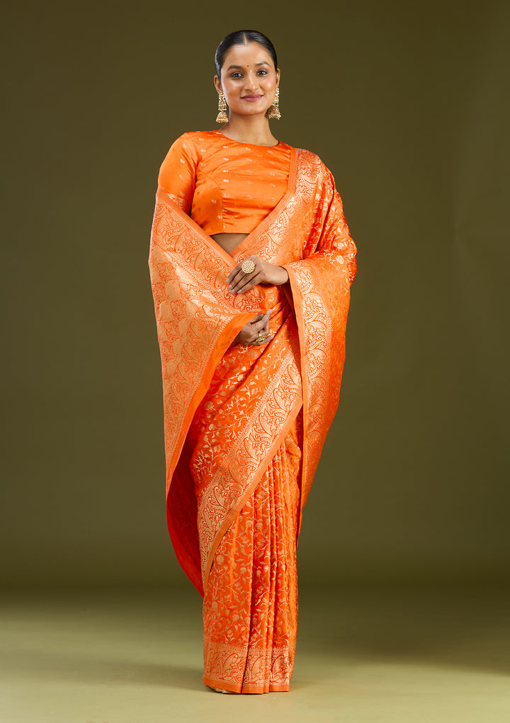 Orange Satin Jaal Gold Zariwork Saree With Matching Blouse Piece