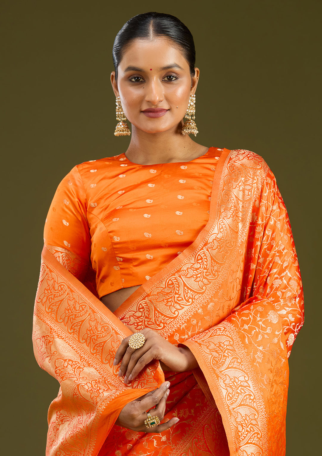 Orange Satin Jaal Gold Zariwork Saree With Matching Blouse Piece