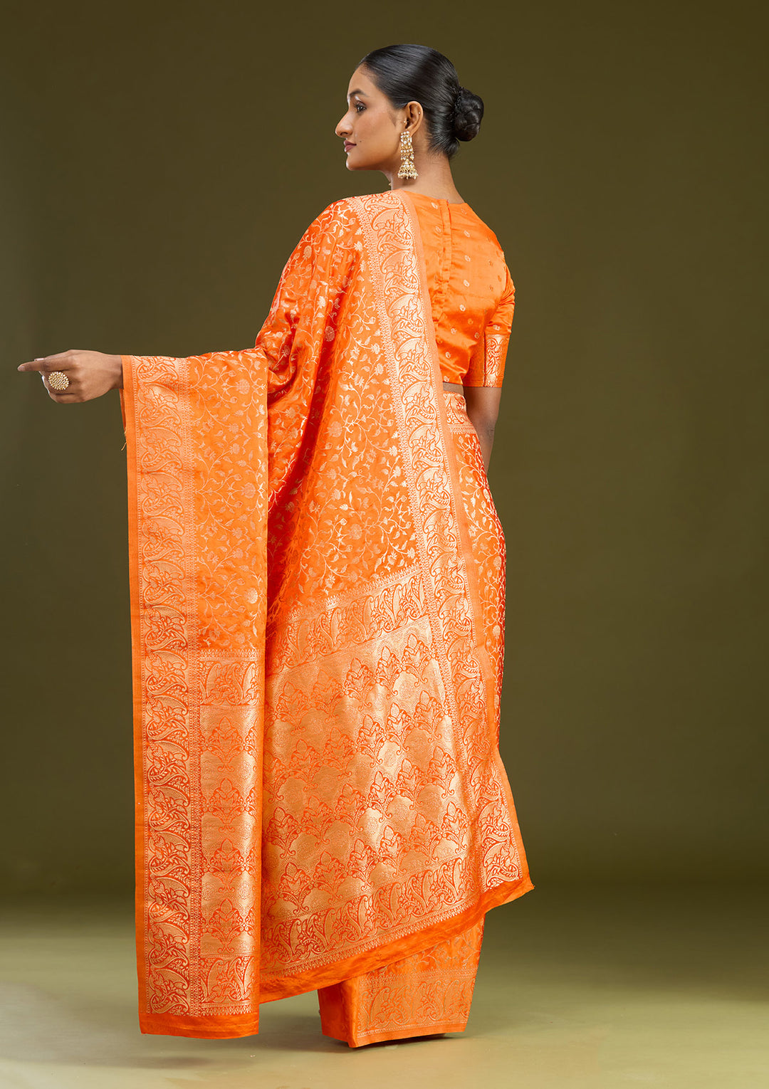 Orange Satin Jaal Gold Zariwork Saree With Matching Blouse Piece