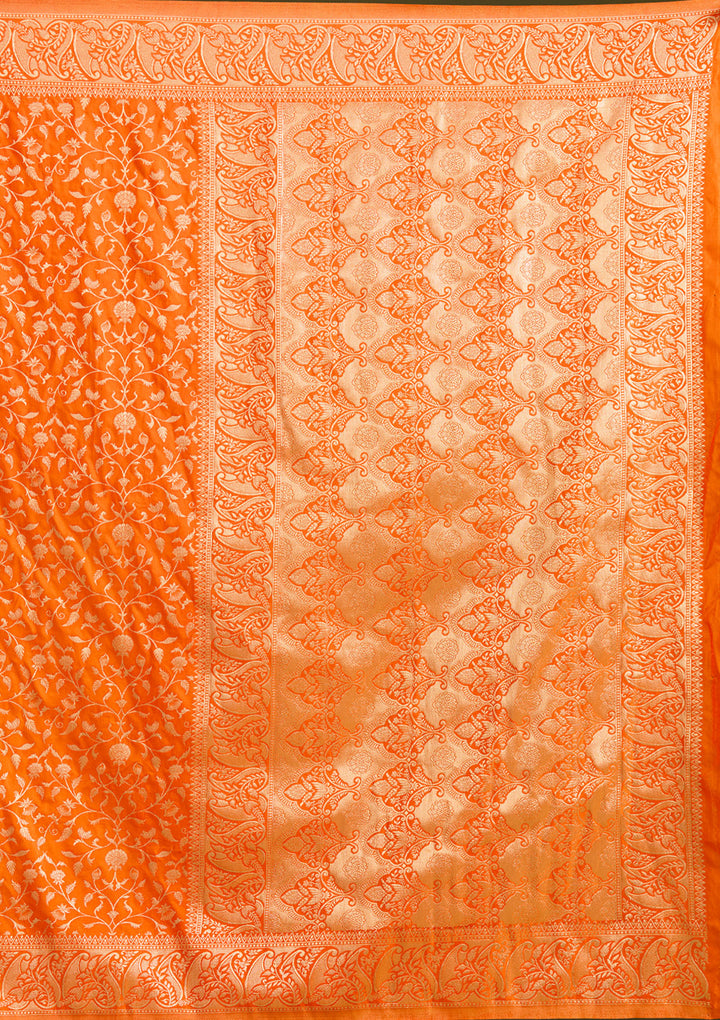 Orange Satin Jaal Gold Zariwork Saree With Matching Blouse Piece