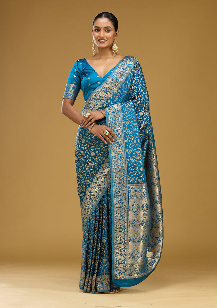 Turquoise Blue Satin Jaal Gold Zariwork Saree With Matching Blouse Piece