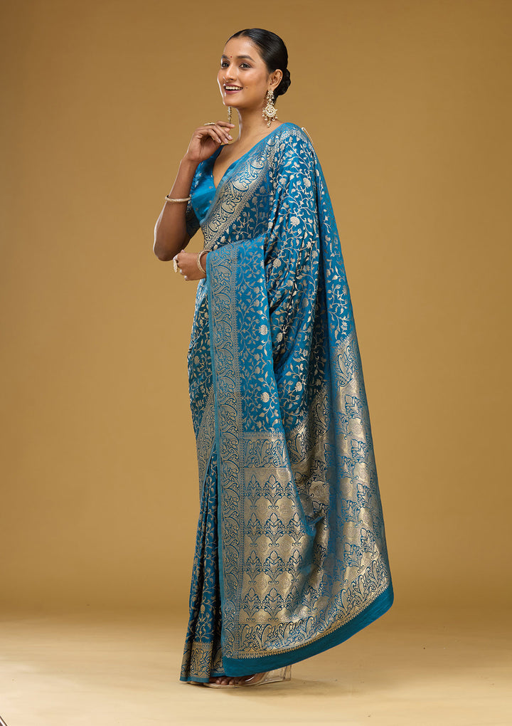 Turquoise Blue Satin Jaal Gold Zariwork Saree With Matching Blouse Piece