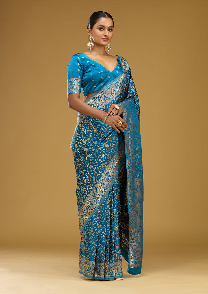 Turquoise Blue Satin Jaal Gold Zariwork Saree With Matching Blouse Piece
