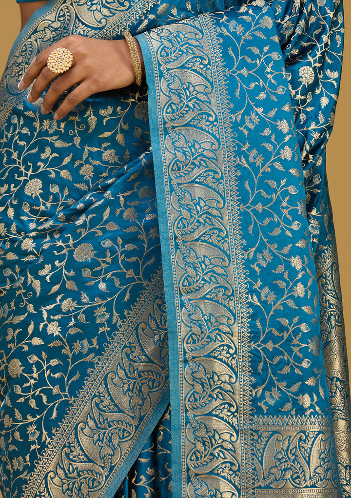 Turquoise Blue Satin Jaal Gold Zariwork Saree With Matching Blouse Piece