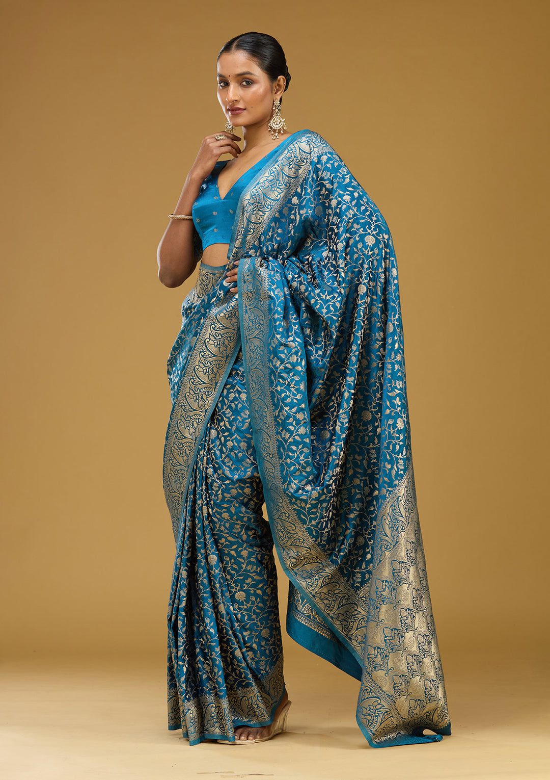 Turquoise Blue Satin Jaal Gold Zariwork Saree With Matching Blouse Piece