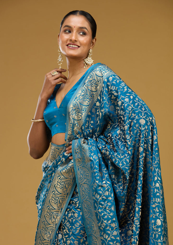 Turquoise Blue Satin Jaal Gold Zariwork Saree With Matching Blouse Piece