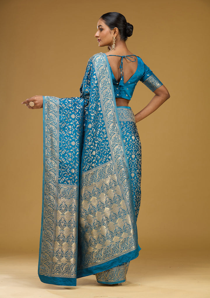 Turquoise Blue Satin Jaal Gold Zariwork Saree With Matching Blouse Piece