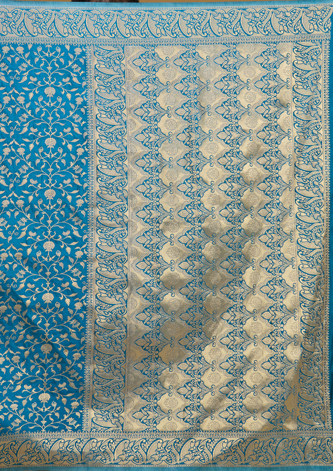 Turquoise Blue Satin Jaal Gold Zariwork Saree With Matching Blouse Piece