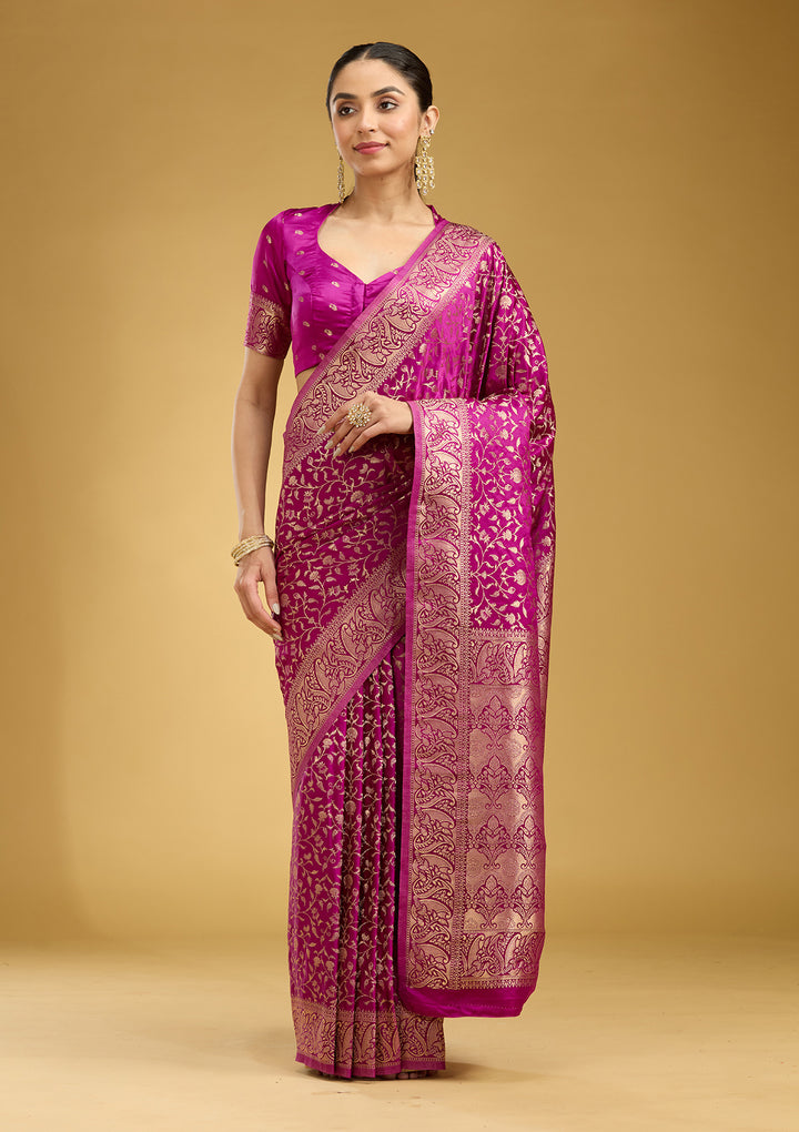 Violet Satin Jaal Gold Zariwork Saree With Matching Blouse Piece