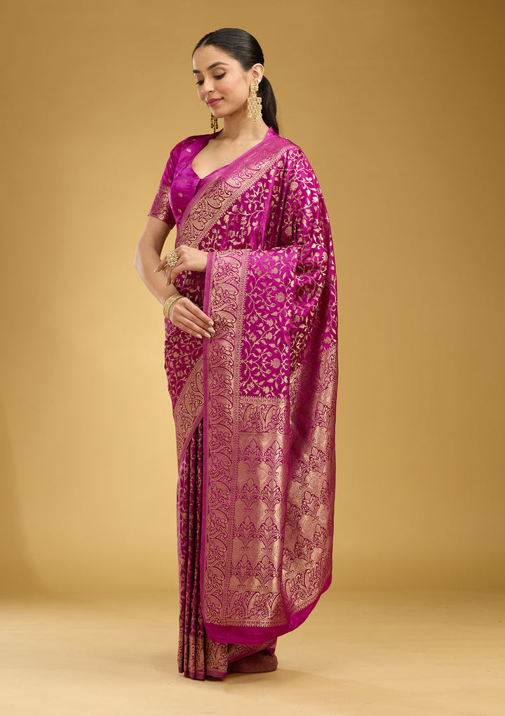 Violet Satin Jaal Gold Zariwork Saree With Matching Blouse Piece