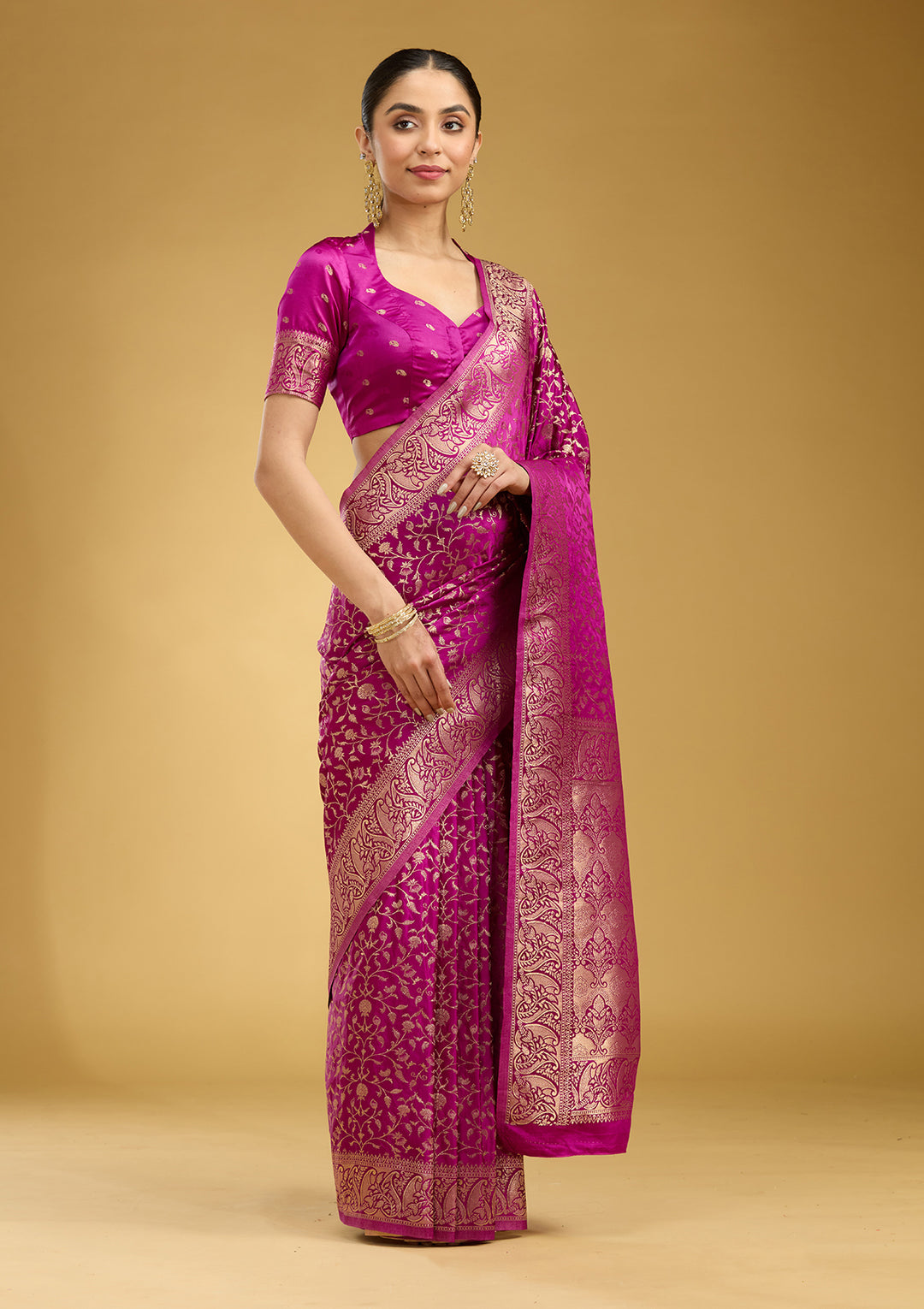 Violet Satin Jaal Gold Zariwork Saree With Matching Blouse Piece