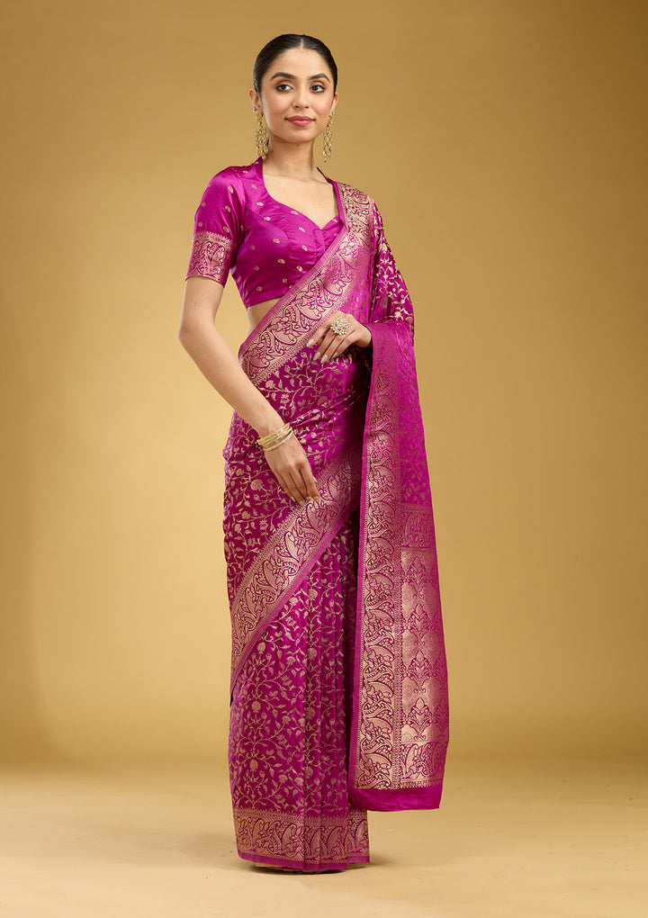 Violet Satin Jaal Gold Zariwork Saree With Matching Blouse Piece