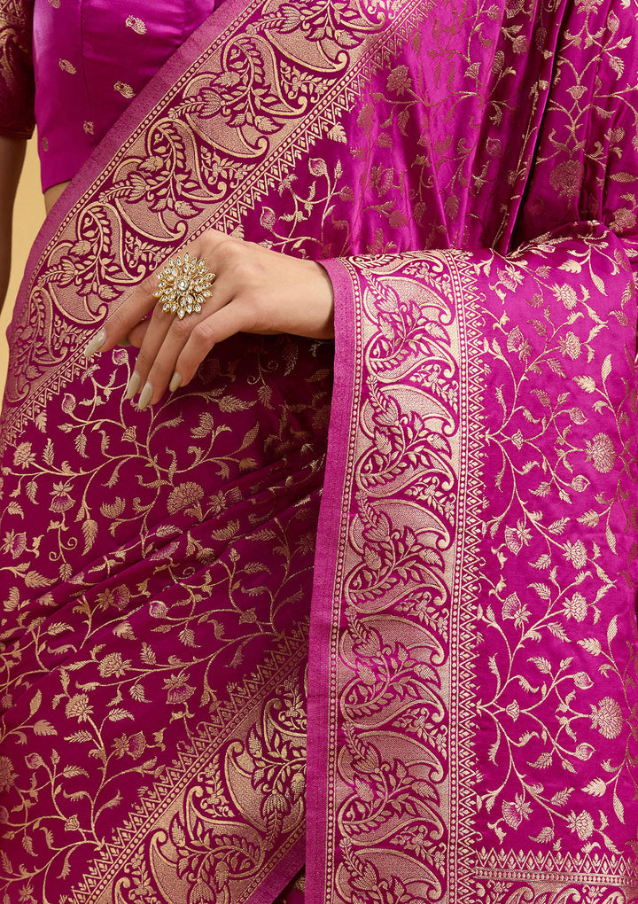 Violet Satin Jaal Gold Zariwork Saree With Matching Blouse Piece
