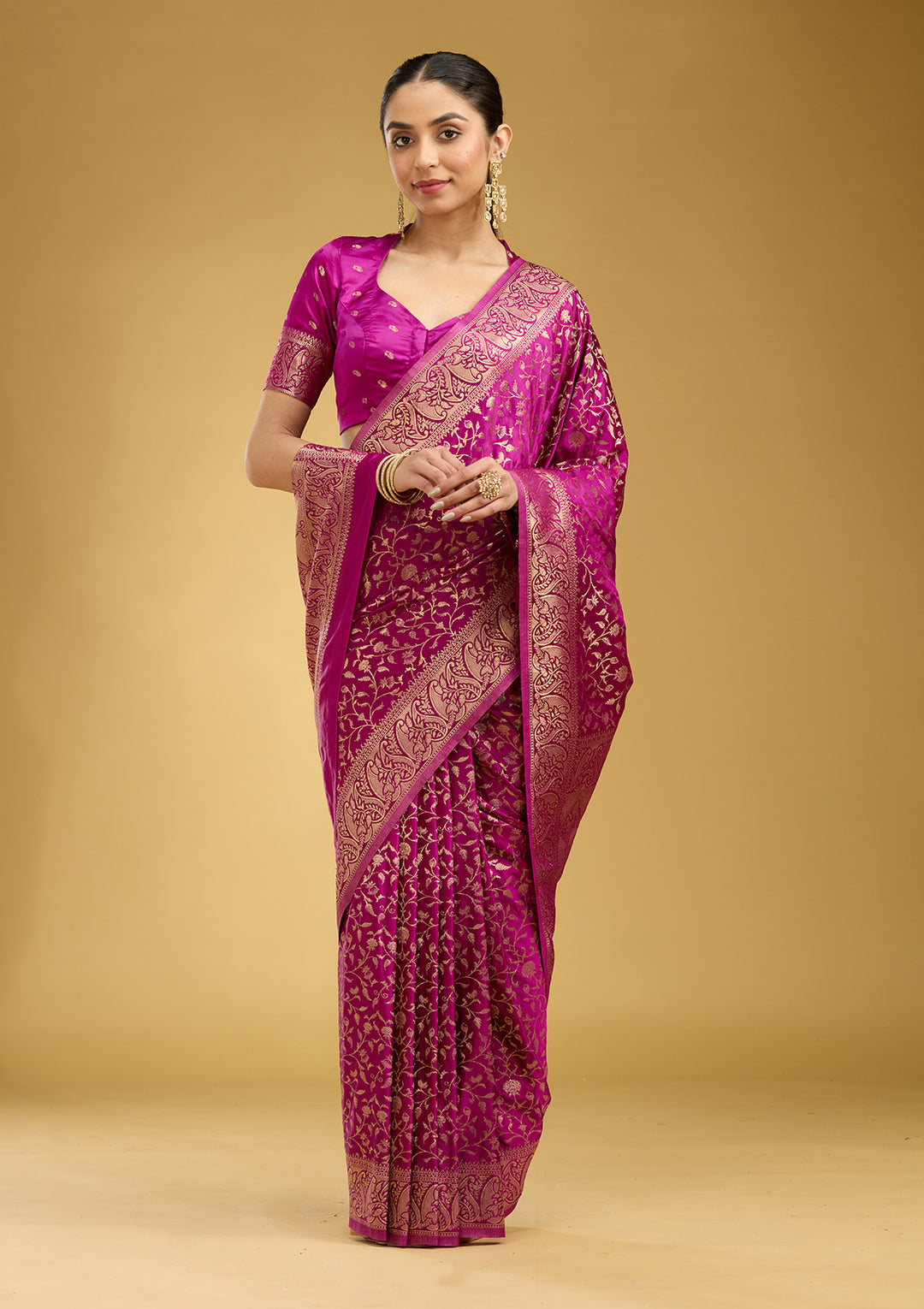 Violet Satin Jaal Gold Zariwork Saree With Matching Blouse Piece