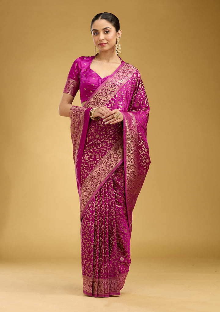 Violet Satin Jaal Gold Zariwork Saree With Matching Blouse Piece