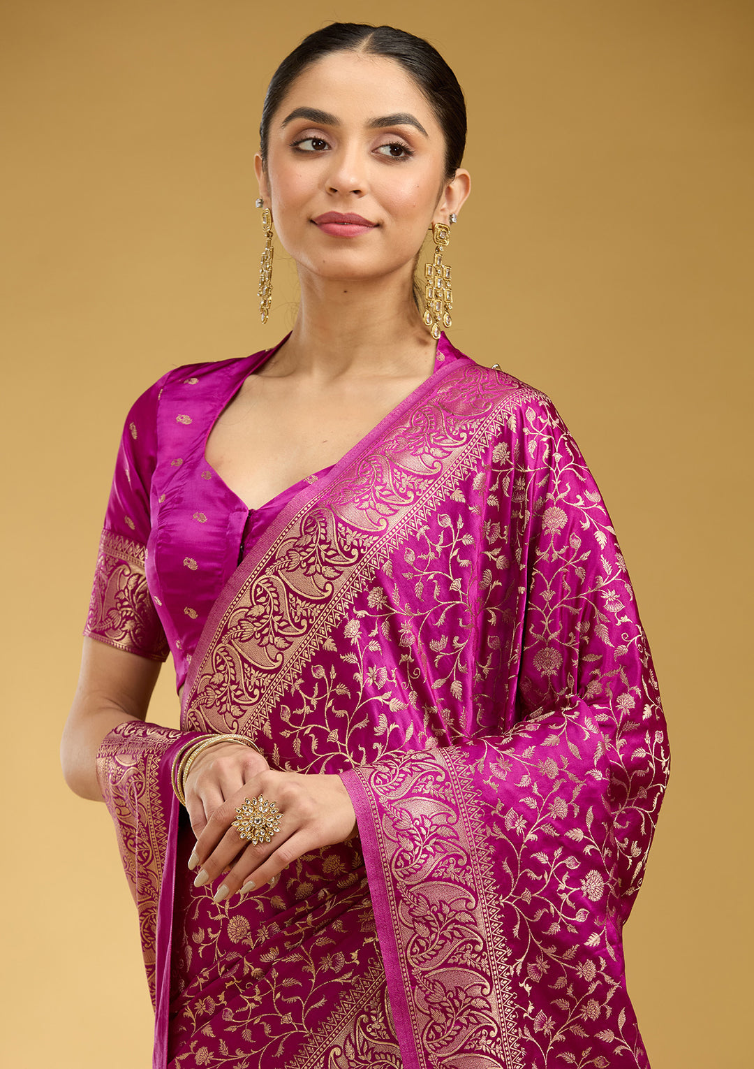 Violet Satin Jaal Gold Zariwork Saree With Matching Blouse Piece