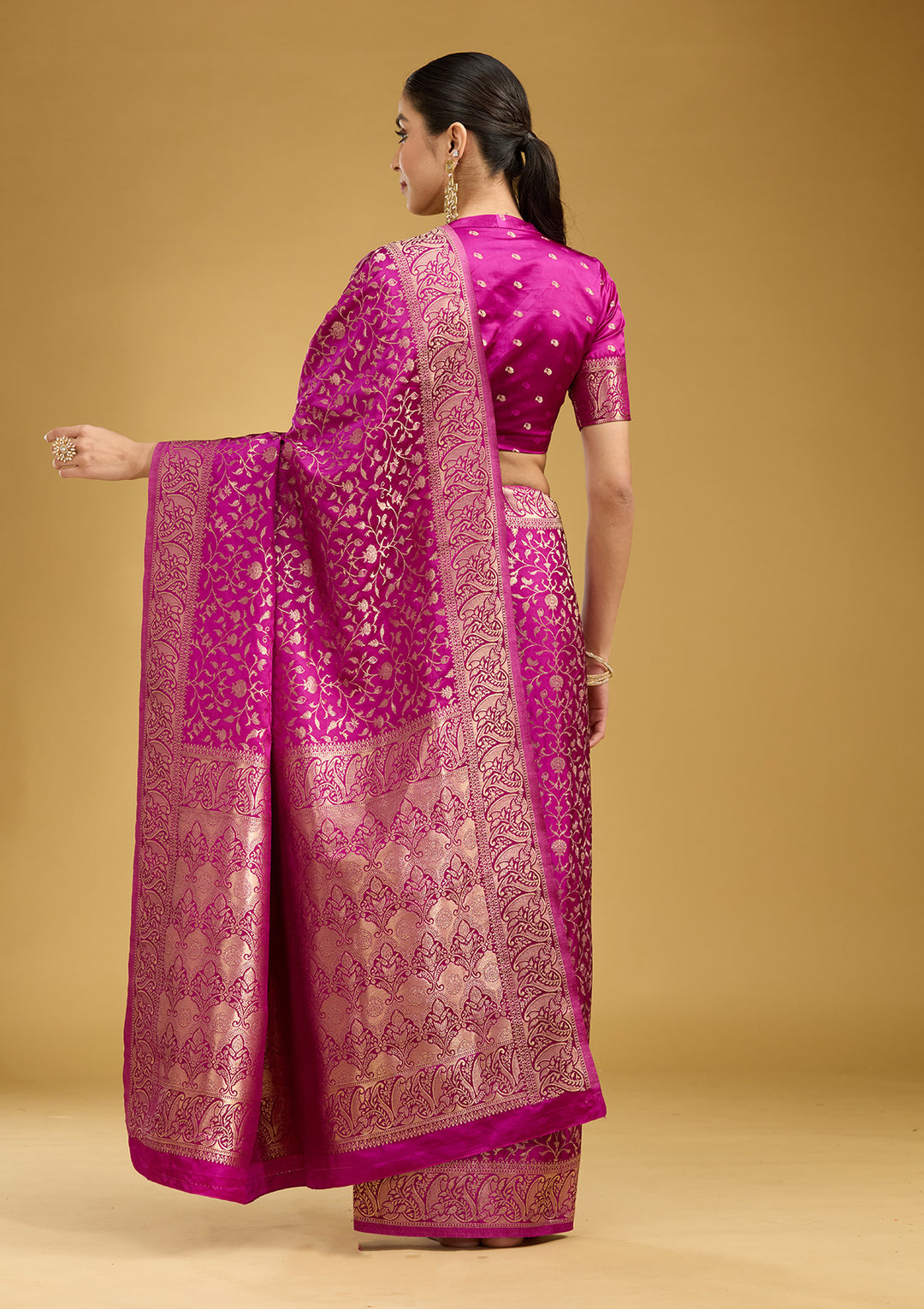 Violet Satin Jaal Gold Zariwork Saree With Matching Blouse Piece