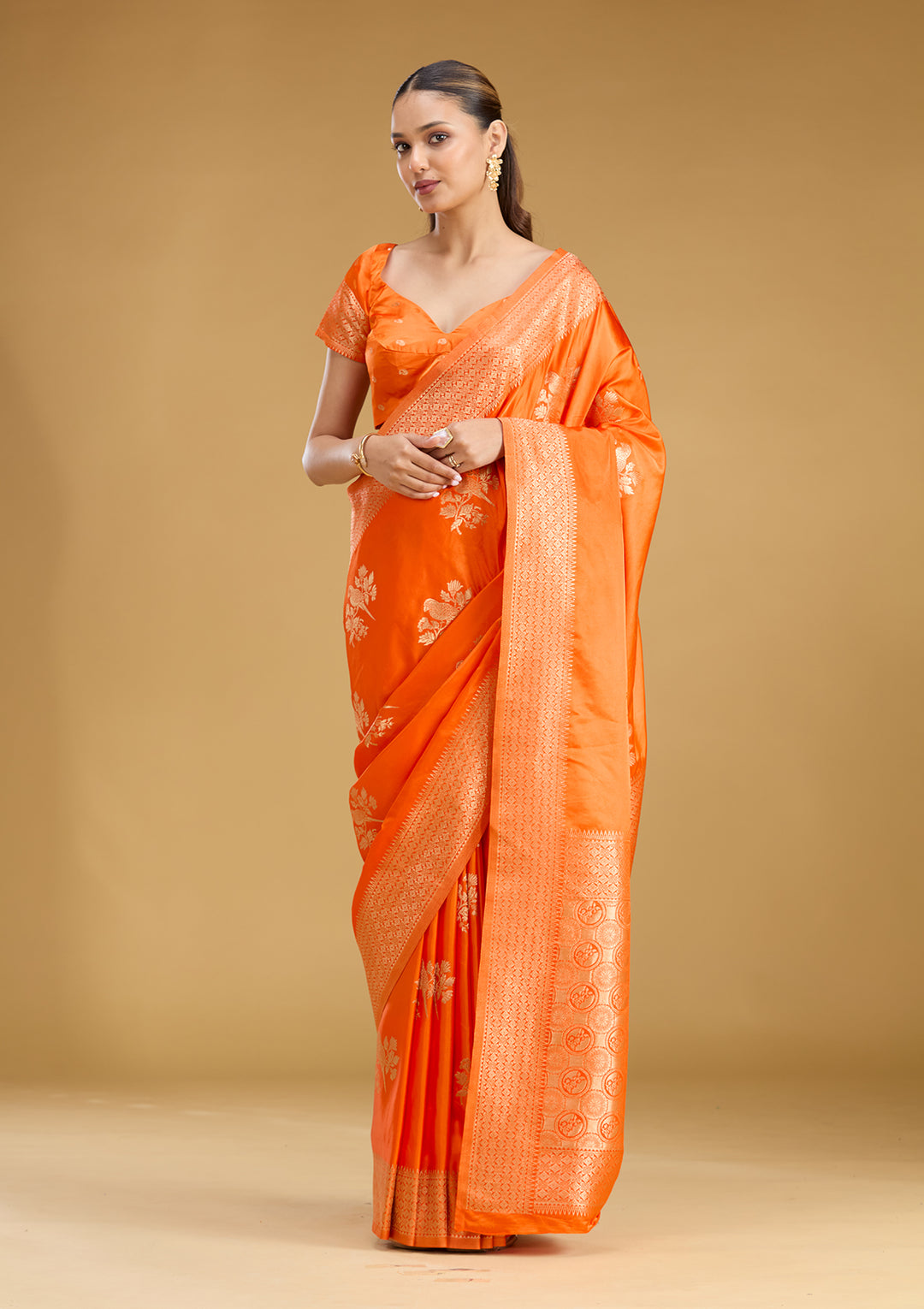 Orange Satin Buti Zariwork Saree With Matching Blouse Piece
