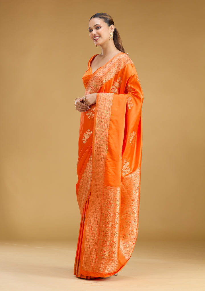 Orange Satin Buti Zariwork Saree With Matching Blouse Piece