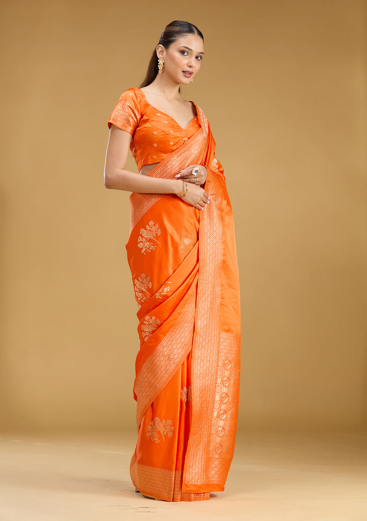 Orange Satin Buti Zariwork Saree With Matching Blouse Piece