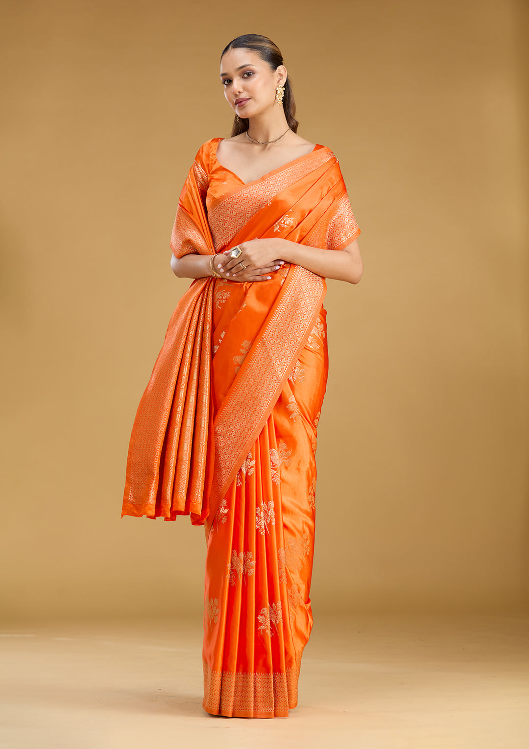 Orange Satin Buti Zariwork Saree With Matching Blouse Piece