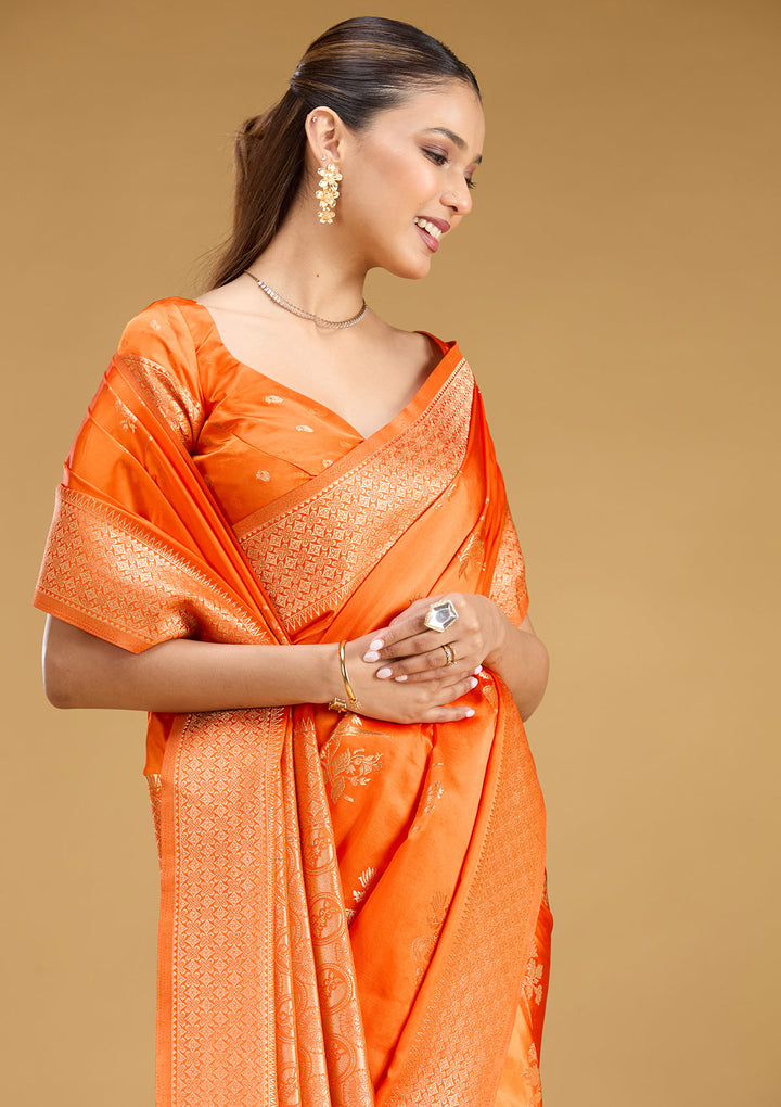 Orange Satin Buti Zariwork Saree With Matching Blouse Piece