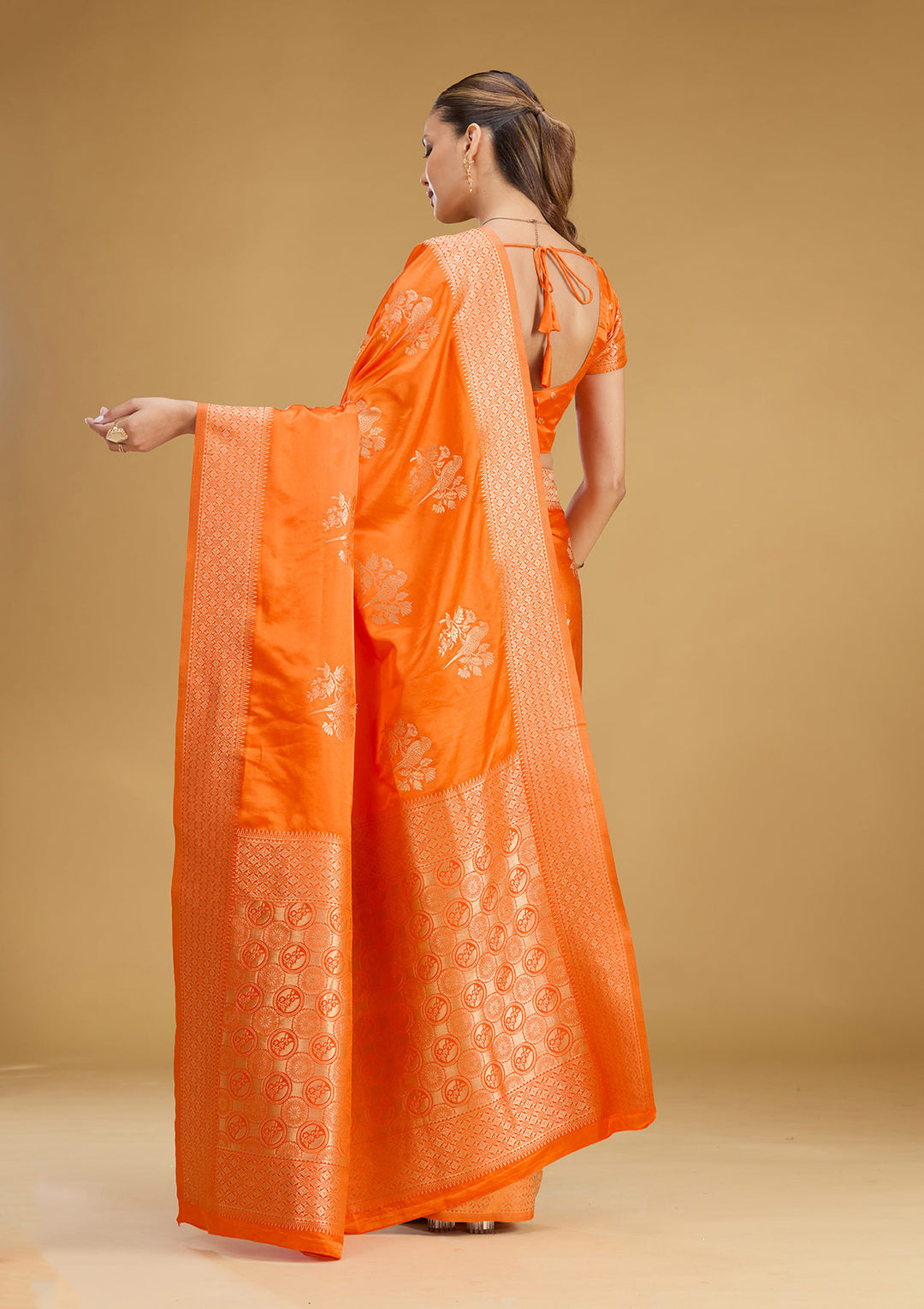 Orange Satin Buti Zariwork Saree With Matching Blouse Piece