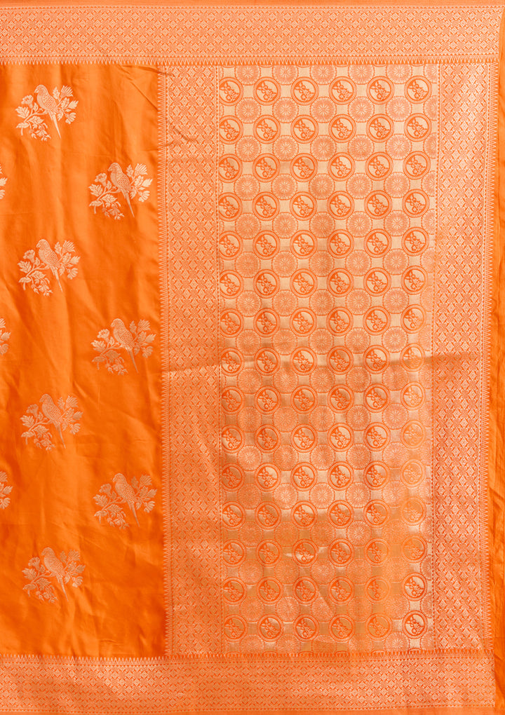 Orange Satin Buti Zariwork Saree With Matching Blouse Piece