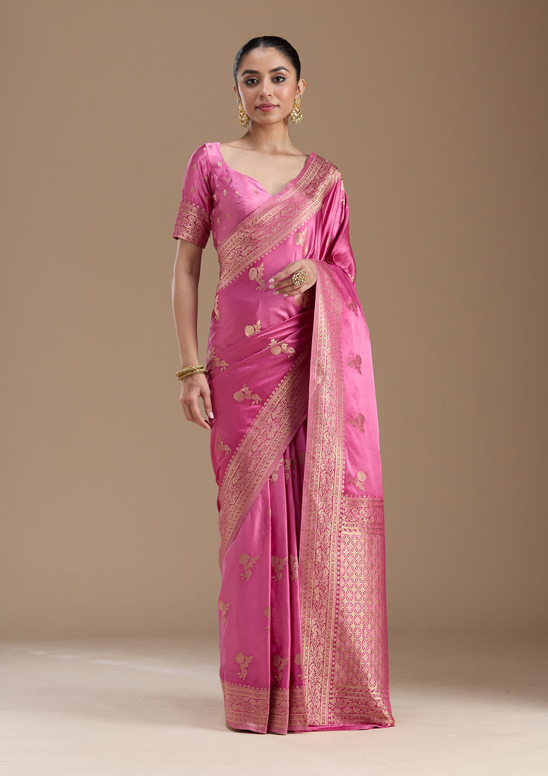 Baby Pink Zariwork Satin Silk Saree