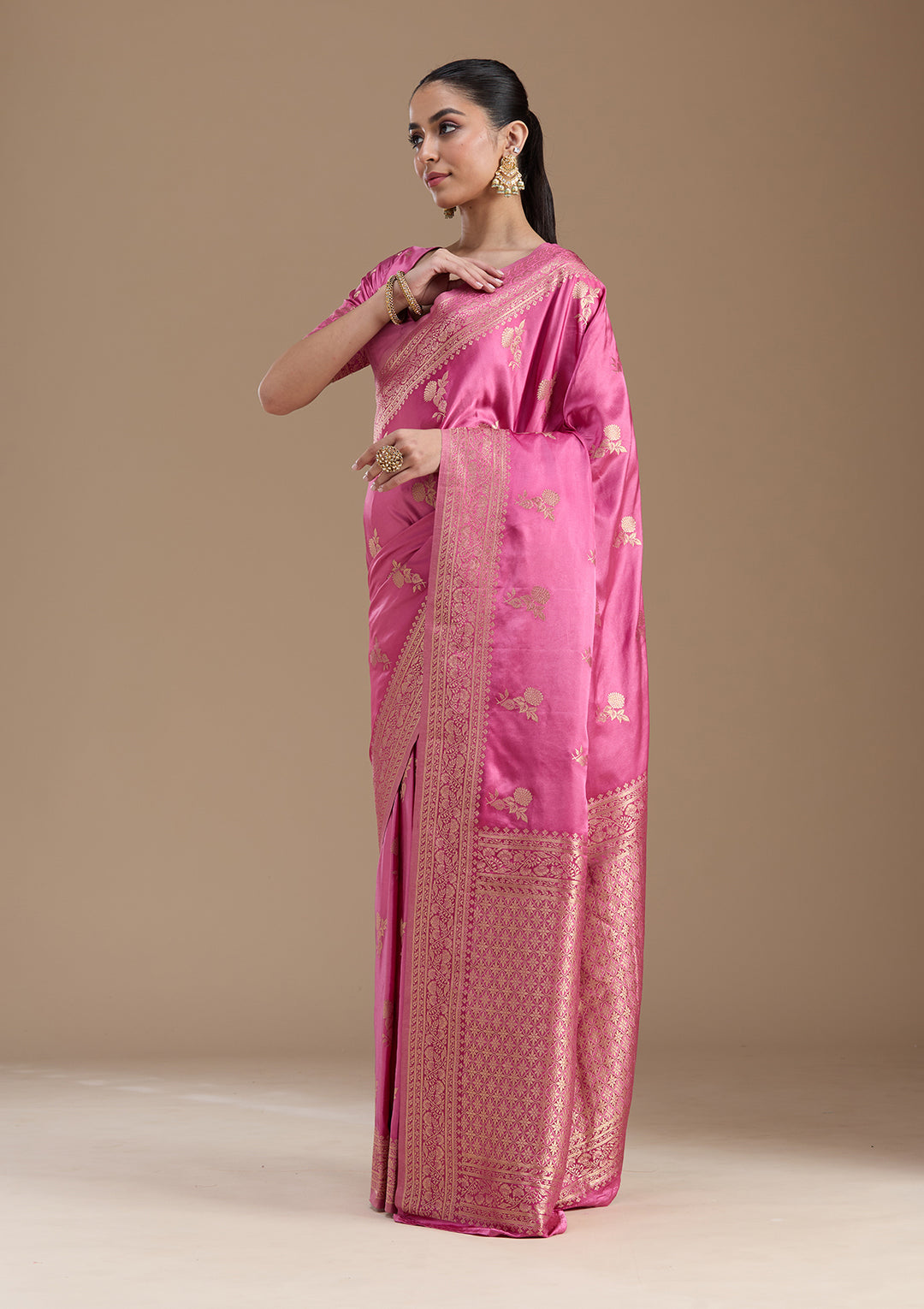 Baby Pink Zariwork Satin Silk Saree