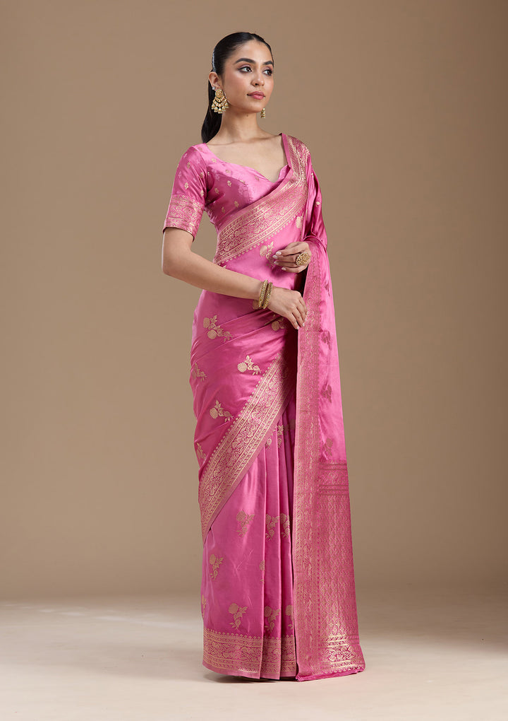 Baby Pink Zariwork Satin Silk Saree