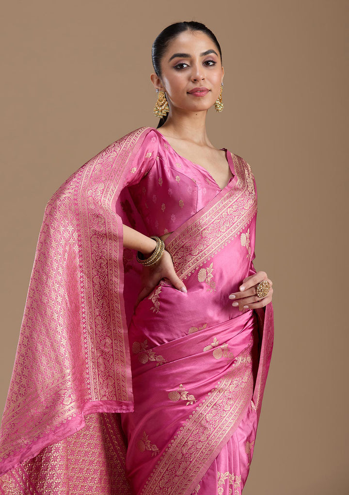 Baby Pink Zariwork Satin Silk Saree