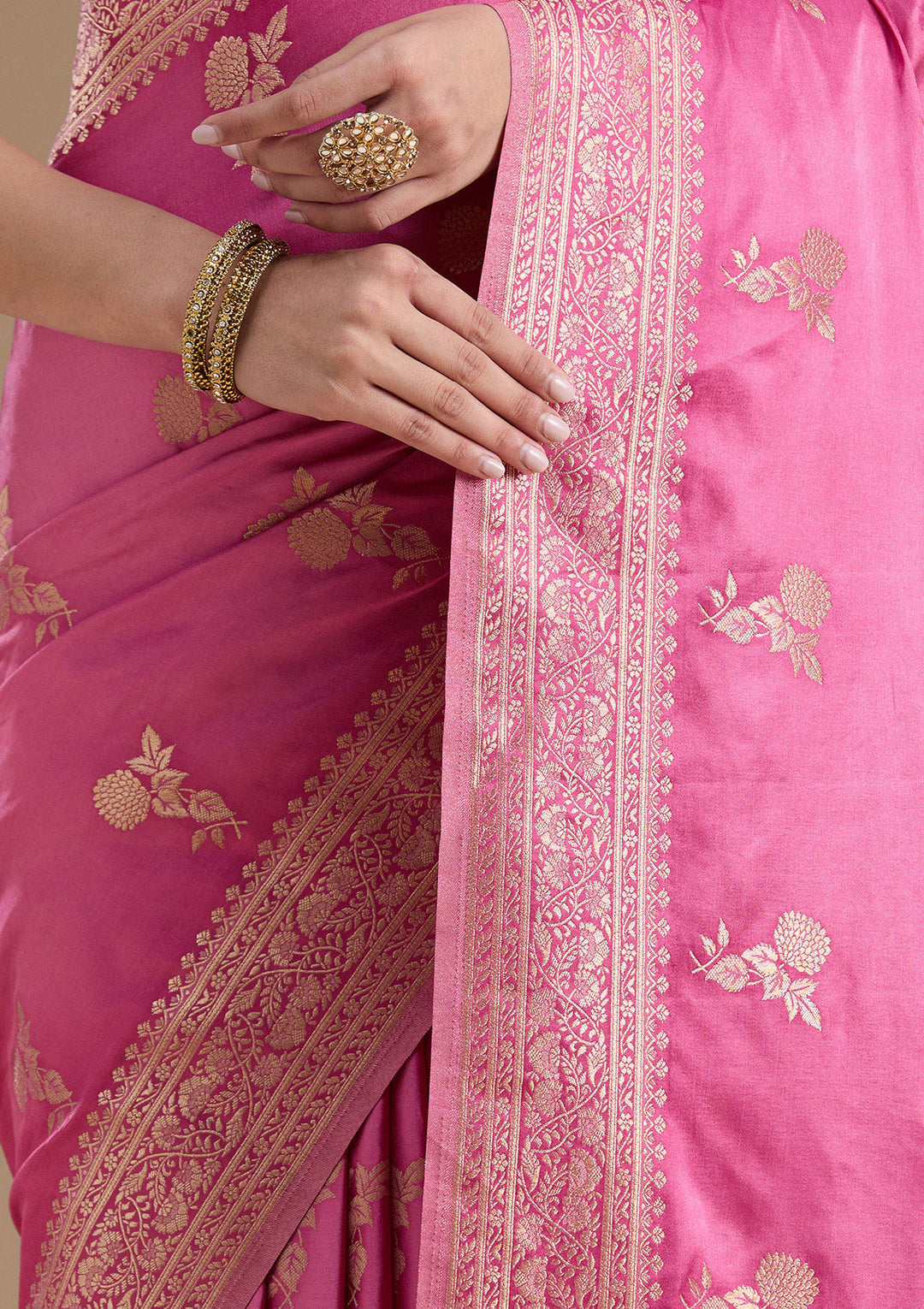 Baby Pink Zariwork Satin Silk Saree