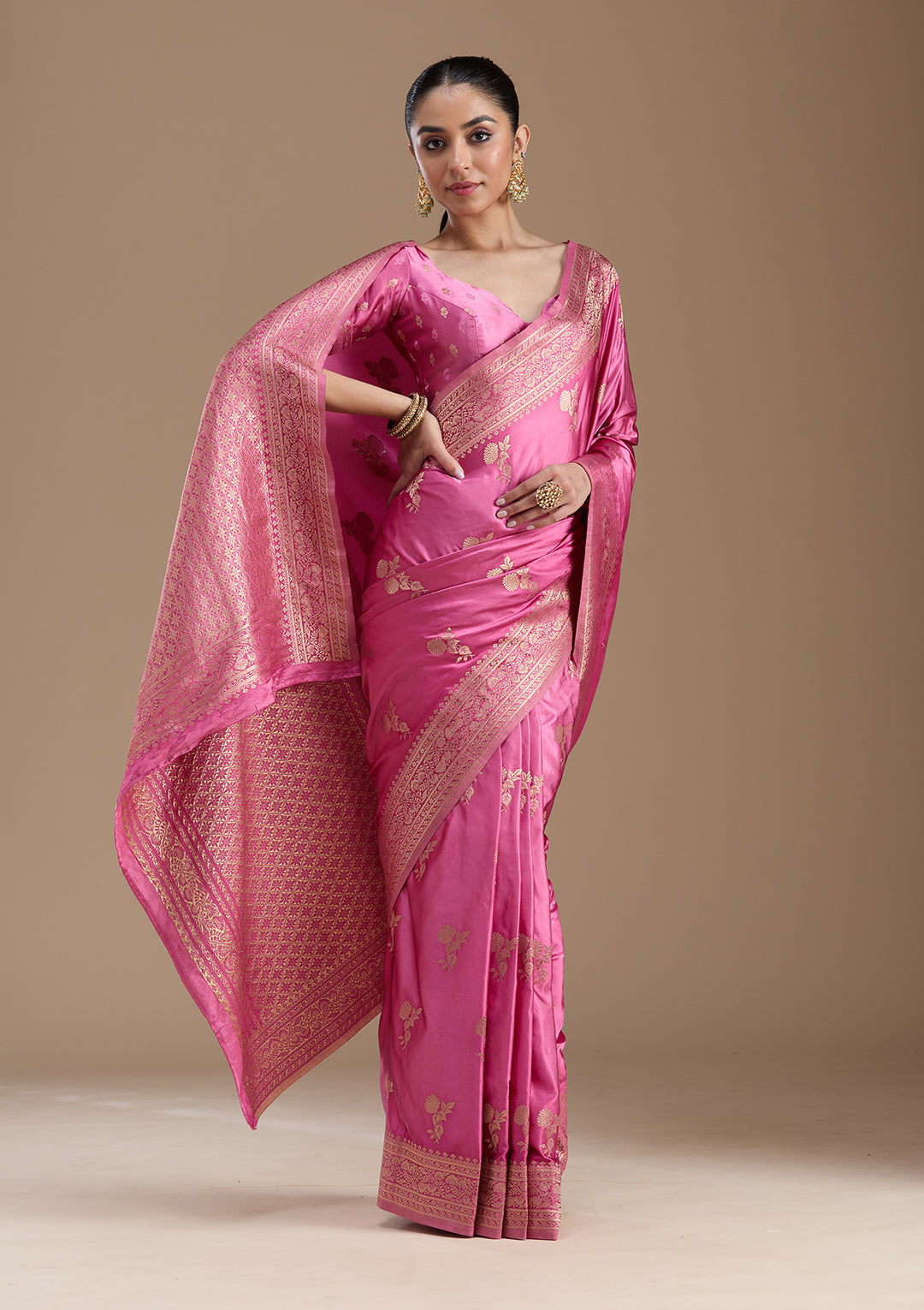 Baby Pink Zariwork Satin Silk Saree