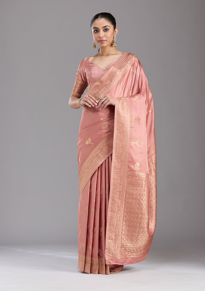 Onion Pink Zariwork Satin Silk Saree