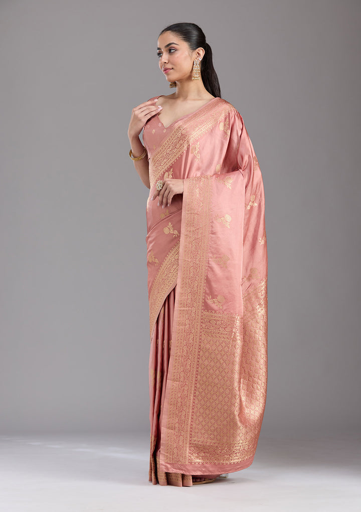 Onion Pink Zariwork Satin Silk Saree