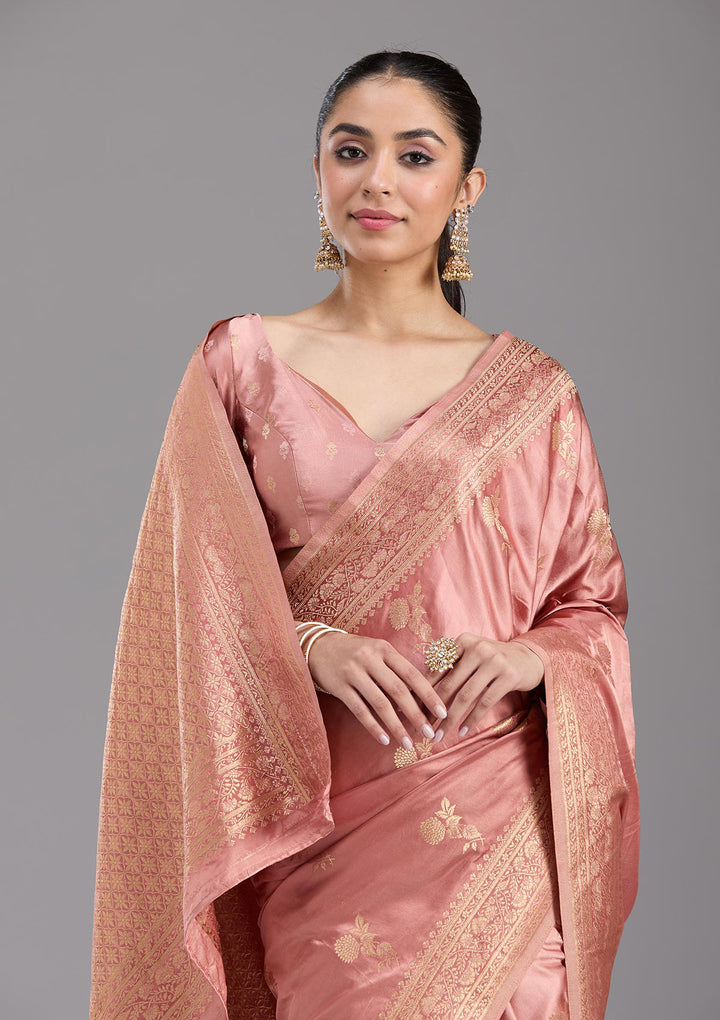 Onion Pink Zariwork Satin Silk Saree
