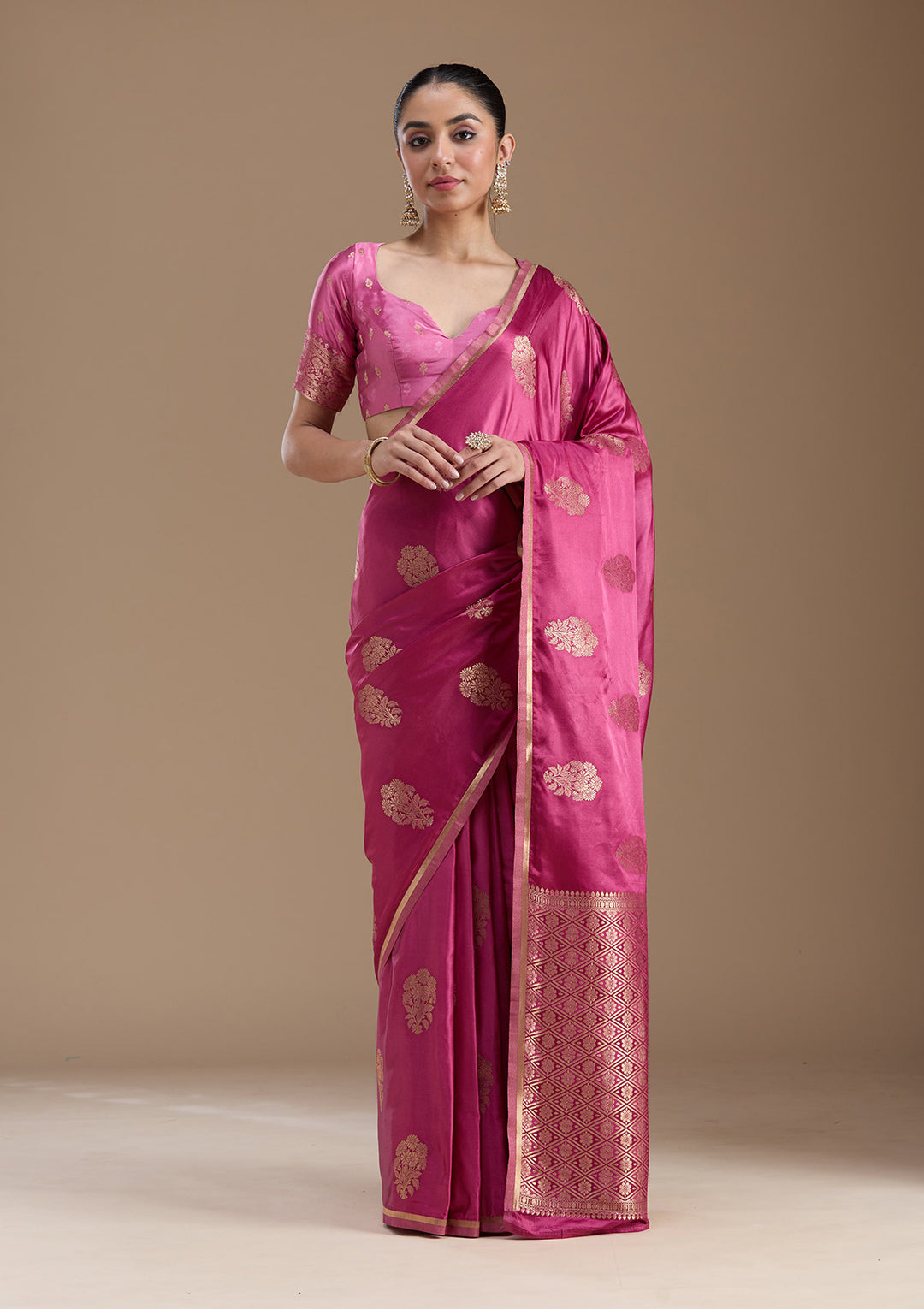 Onion Pink Zariwork Satin Silk Saree