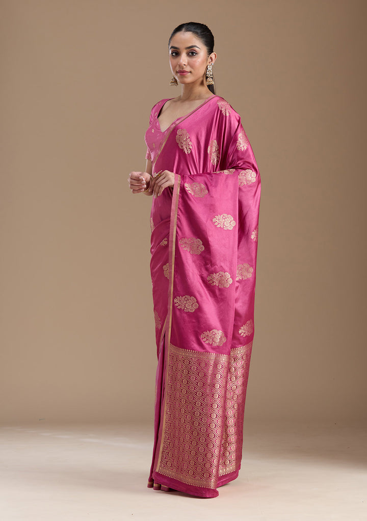 Onion Pink Zariwork Satin Silk Saree