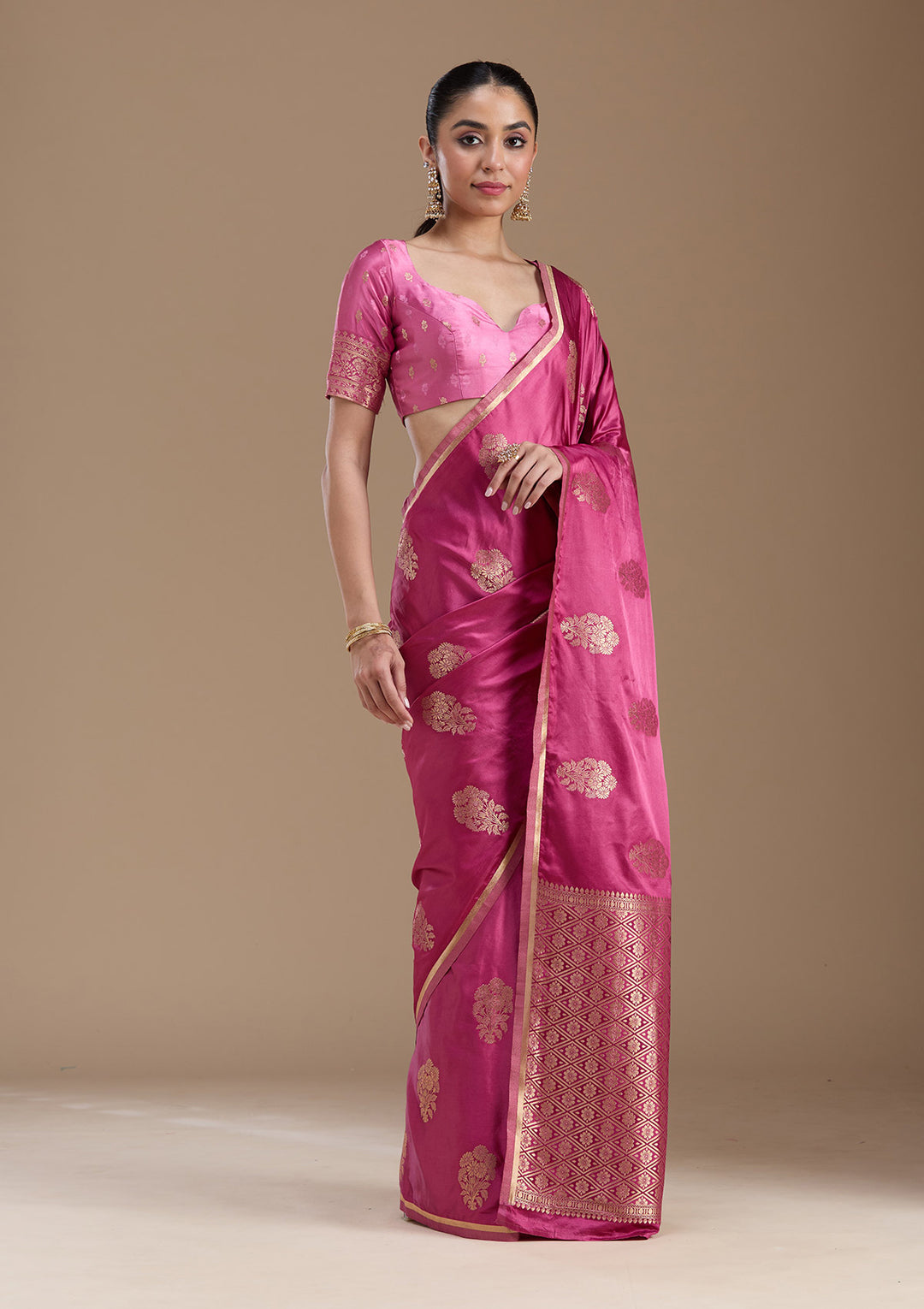 Onion Pink Zariwork Satin Silk Saree