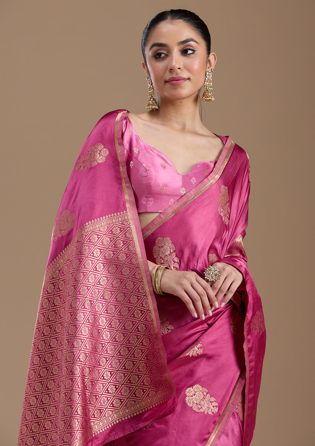 Onion Pink Zariwork Satin Silk Saree