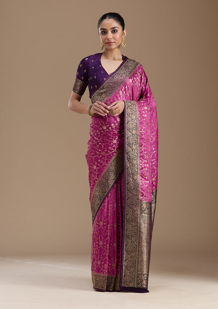 Lavender Silk Jaal Gold Zariwork Saree With Matching Blouse Piece