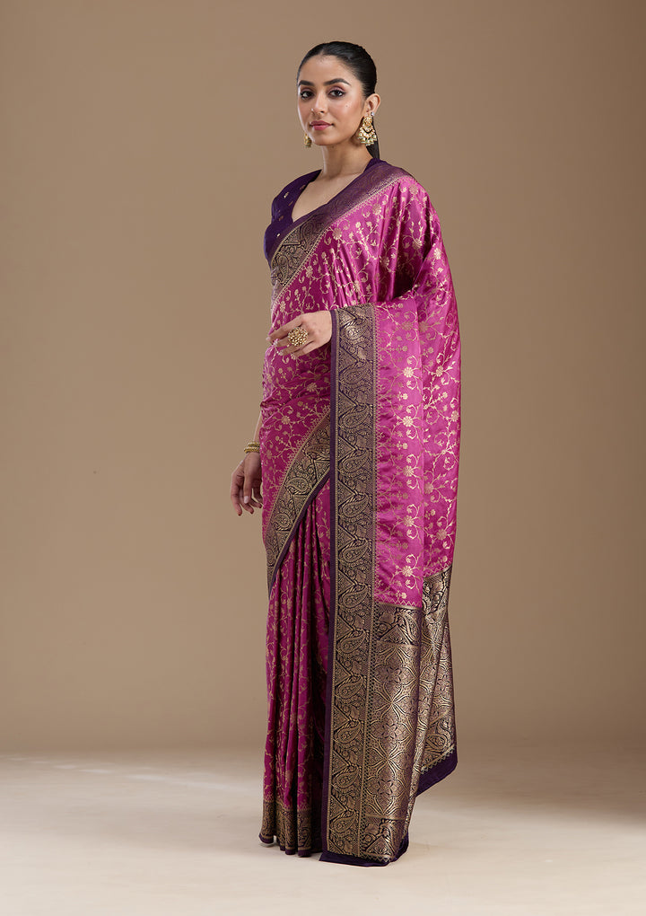Lavender Silk Jaal Gold Zariwork Saree With Matching Blouse Piece