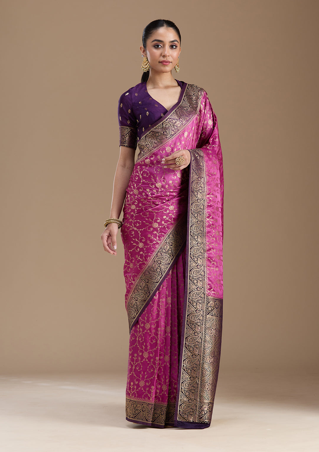 Lavender Silk Jaal Gold Zariwork Saree With Matching Blouse Piece